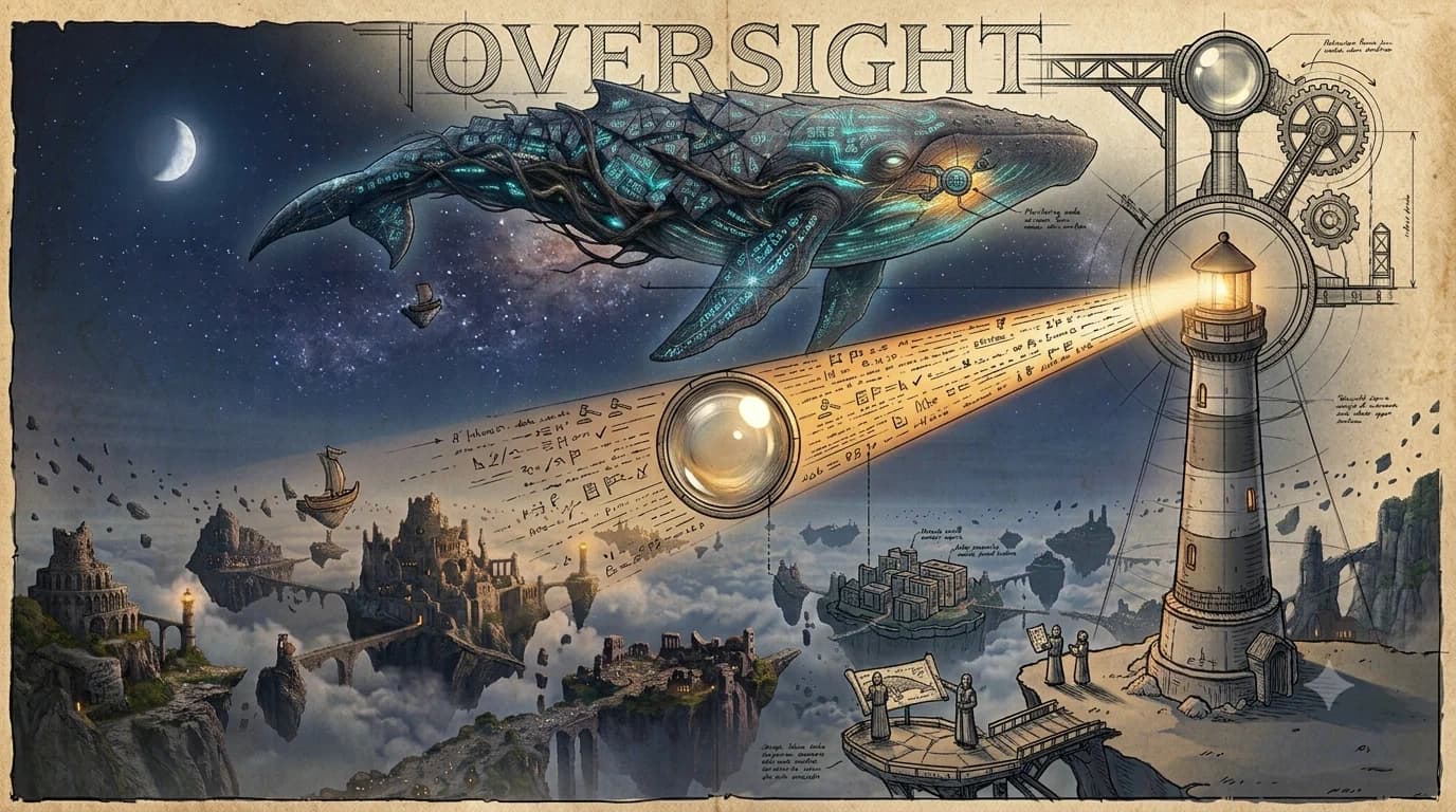 An illustration titled Oversight: a lighthouse casts a beam through a magnifying lens to inspect a glowing AI whale drifting above a floating city, evoking an independent overseer that reviews each unattended run and escalates what needs a human.